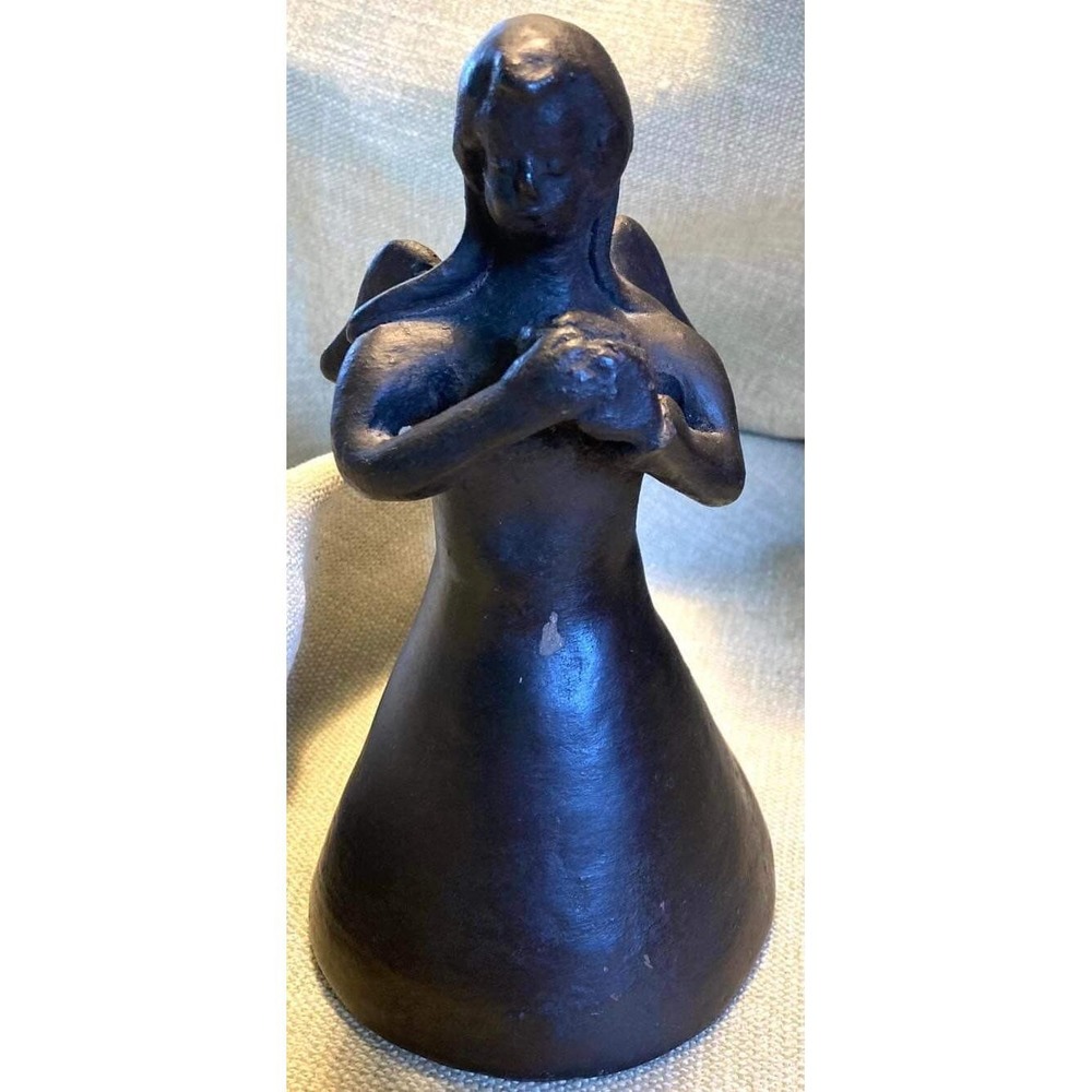 Vtg Black Clay Angel Figurine Candle Holder Folk Art Pottery 6.5" Christmas